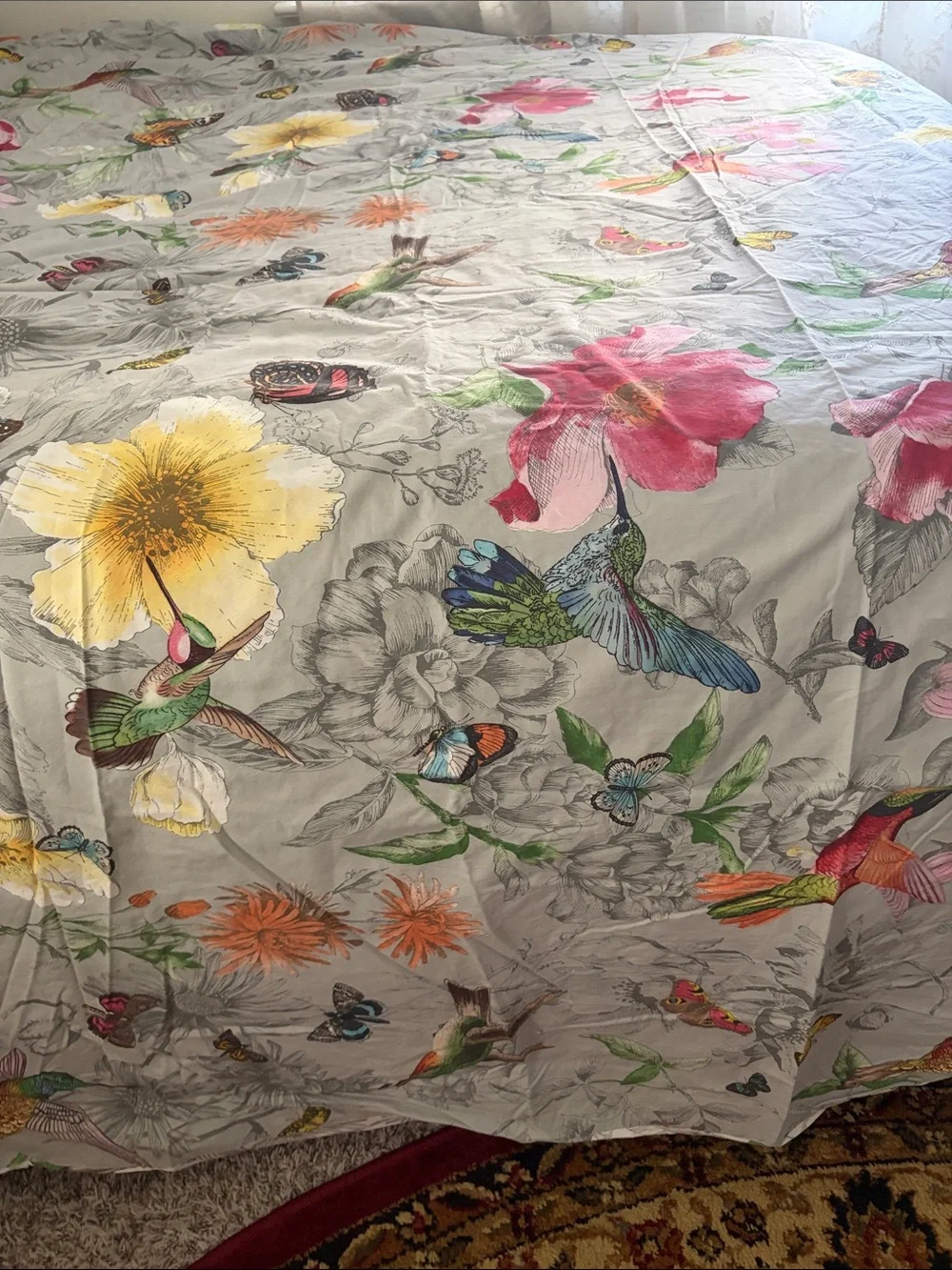 Pottery Barn Floral & Hummingbird Duvet Cover in Gray with Multicolor Accents